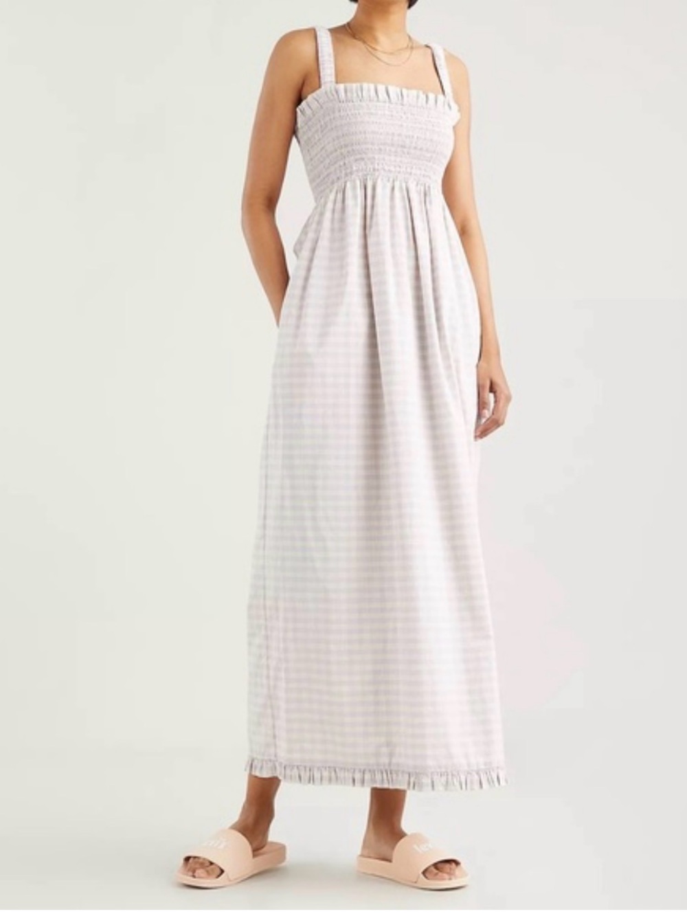 Levi Tanner Scrunchie Smocked Maxi Dress Lavender Butter Yellow Gingham Sz Sm
